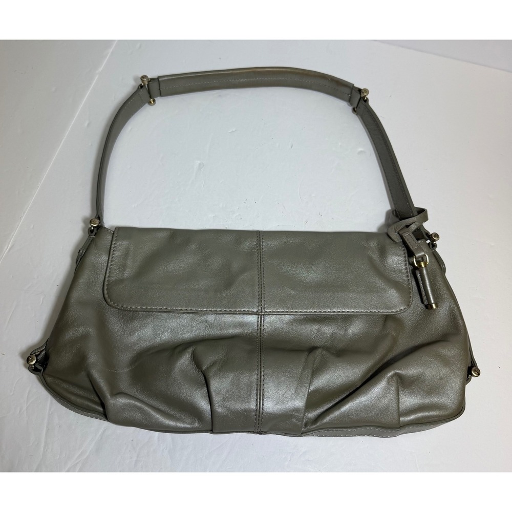 Liz Claiborne Metallic Olive Green Genuine‎ Leather Shoulder Bag Flap Handbag
